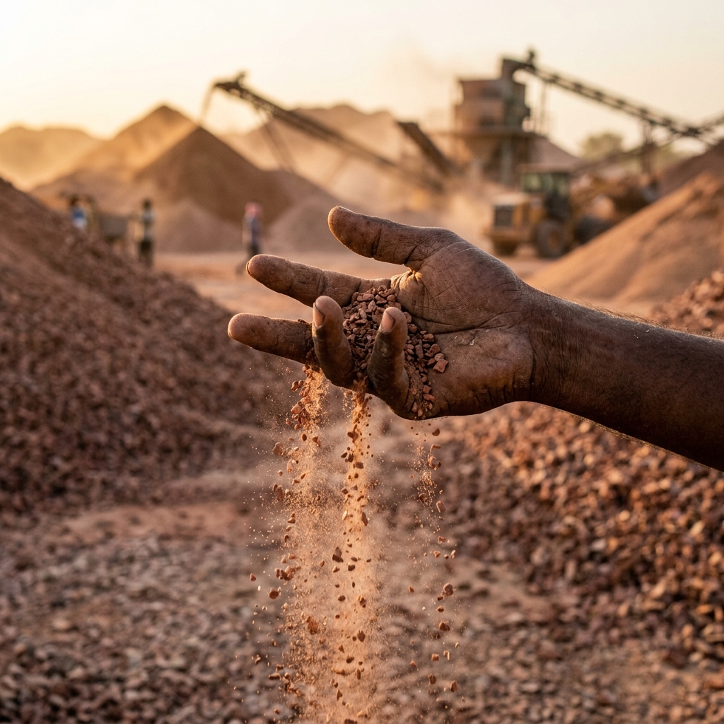 Processed manufactured gravel pouring from hand