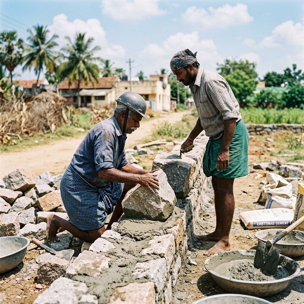 Workers laying rough stone compound wall